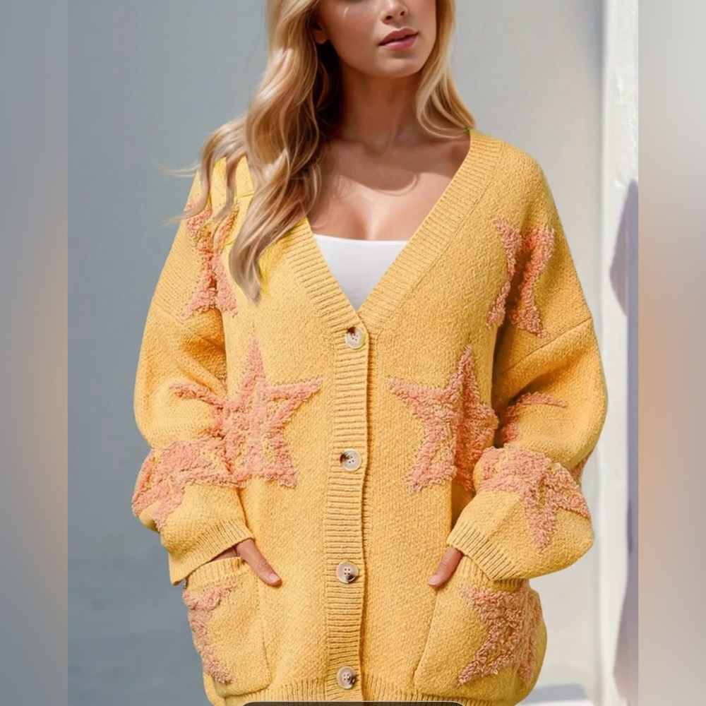 Yellow Star Patterned Chunky Cardigan Sweater - Picture 4 of 4